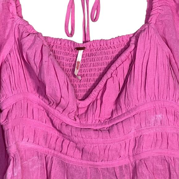 Free People Women’s Chloe Smocked Tie Neck Cotton Top in Pink Aurora Size XS - Picture 2 of 8